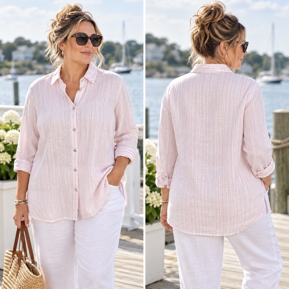 J Jill Love Linen Shirt Women's XL Pink White Stripe Button Up Lightweight Tunic